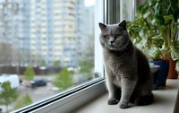 Gray British Shorthair cat sitting on windowsill overlooking urban cityscape with high-rise buildings and green plants in background.
