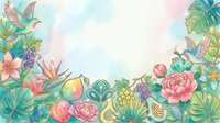 Watercolor tropical floral border with hummingbirds, peonies, exotic fruits and lush green leaves on soft pastel background with copy space.