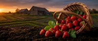 Fresh ripe strawberries spilling from wicker basket on fertile farmland soil at golden sunset with rustic barn and agricultural fields in background.