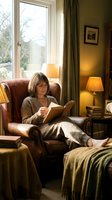 Middle-aged woman with shoulder-length brown hair, Caucasian ethnicity, relaxing in a leather armchair while reading a book in a cozy, warmly-lit home library setting with lamps and windows.