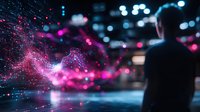 Man silhouette watching glowing pink particle effect against dark urban night cityscape with bokeh lights, creating magical atmospheric scene for technology concept.