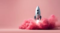 Silver rocket launching through pink smoke clouds on pastel pink background, concept for business startup or innovation.