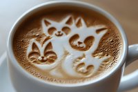 Playful cat faces latte art in creamy coffee foam, showing four cute feline designs with whiskers and expressions created through skilled barista technique in white ceramic cup.