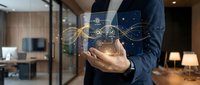 Professional businessman holding glowing digital network connections with data analytics icons in modern office environment for technology presentations.