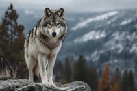 Majestic gray wolf standing on rocky outcrop overlooking snowy mountain landscape with forest in background. Wildlife conservation scene.