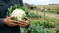 Farmer holding fresh cauliflower head in hands at vegetable garden farm, organic produce harvest and sustainable agriculture concept for farming business.