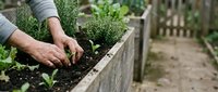 Caucasian male gardener planting seedlings in raised garden bed with soil, growing herbs and vegetables outdoors for home gardening and sustainable living.