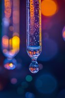 Laboratory glass pipette with orange liquid and bubbles against colorful bokeh background for scientific research and medical testing applications.