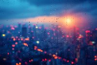 Raindrops on window glass with blurred city lights creating dreamy bokeh effect at sunset, moody urban landscape with water drops and glowing orange sun.