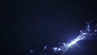 Abstract digital network with glowing connections and geometric nodes on dark blue background for technology presentations and cyber concepts.