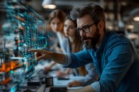 Bearded mature professional in denim shirt analyzing digital data visualization on transparent display while working with team in modern office environment.
