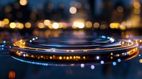 Glowing circular light trails with bokeh effect create futuristic abstract composition against dark background, reflecting modern technology and motion concept.