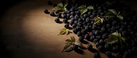 Fresh blackberries with green leaves arranged on wooden surface, ideal for food photography, culinary design, and healthy eating content.