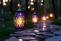 Glowing purple lanterns illuminate stone garden path at dusk, creating magical ambiance with soft bokeh lights in background for outdoor decoration.