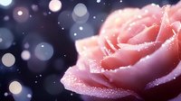 Delicate pink rose with water droplets and morning dew against dark background with soft bokeh lights creating romantic dreamy atmosphere.