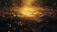 Glowing golden particles and bokeh lights burst across dark background, creating luminous abstract effect suitable for luxury branding and festive designs.