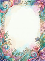 Watercolor floral frame with pastel swirls, gold accents, and colorful blooms surrounding a blank center for text or design.