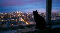 Black cat silhouette sitting by window overlooking illuminated city skyline at dusk with purple and blue twilight sky creating peaceful urban evening scene.