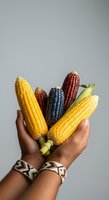 Hands holding fresh corn cobs in yellow, red, and black varieties against neutral background. Isolated produce for agricultural, food, and nutrition design projects.