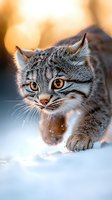 Gray striped cat with bright orange eyes walking through snow at sunset, bokeh background creates magical winter atmosphere for seasonal greeting cards.
