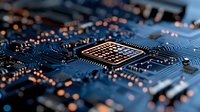 Macro shot of electronic circuit board with central processor and copper connections in blue and orange tones, showing modern technology components.