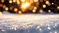 Sparkling snow surface with golden bokeh lights creating magical winter atmosphere for holiday celebrations and festive seasonal designs.
