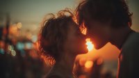 Romantic couple sharing intimate kiss at sunset with warm golden light and city bokeh background creating dreamy atmosphere for love and relationship concepts.