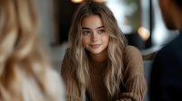 Young Caucasian woman with long wavy blonde hair and natural makeup smiling warmly while sitting in cafe. Wearing cozy brown sweater. Soft bokeh background creates intimate atmosphere.