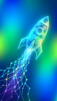 Neon glowing rocket with geometric hexagonal pattern launching upward on vibrant blue and green gradient background, representing innovation, startup growth, and digital transformation for business concepts.