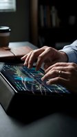 Businessman analyzing stock market charts on a tablet, touching financial data graphs in a dark modern office workspace.
