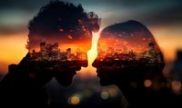 Romantic double exposure silhouette of couple facing each other against urban cityscape and sunset sky with glowing bokeh lights creating dreamy atmosphere.