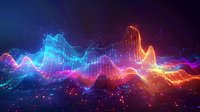 Vibrant digital sound wave visualization with glowing blue, orange, and pink neon colors against dark background, representing audio technology or music spectrum analysis.
