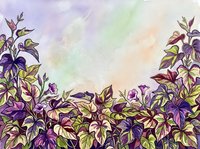 Purple and green flowering plants with detailed foliage create a natural border on soft watercolor background. Suitable for botanical designs, garden themes, and decorative projects.