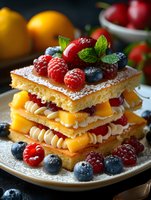 Fresh berry and mango millefeuille layered with vanilla cream and dusted with powdered sugar, garnished with mint leaves on white plate, dark background.