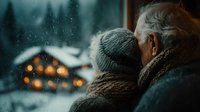 Elderly couple in warm winter clothing watching snowfall through window with cozy cabin lights in background creating romantic winter atmosphere.
