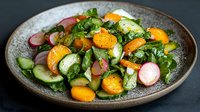 Fresh summer salad with sliced mandarin oranges, radishes, cucumber, and herbs served on rustic ceramic plate against dark background.