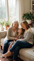Three generations of women laughing together on living room sofa. Grandmother, mother and daughter enjoying quality family time at home with natural window light.