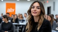 Young Caucasian businesswoman with long wavy brown hair and natural makeup smiling confidently during corporate meeting in modern office space with colleagues.