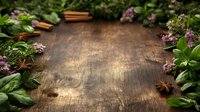 Fresh herbs and spices frame rustic wooden background with aromatic star anise, cinnamon sticks, and purple flowers creating natural border composition.