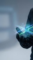 Businessperson holding glowing holographic cityscape with digital network lines, representing smart city technology, innovation, and future urban development for business and tech concepts.