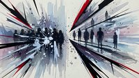 Business people silhouettes walking through modern corridor with dynamic motion blur and geometric lines creating sense of speed and movement.