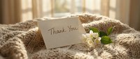 Handwritten thank you card resting on a cozy knit blanket with white spring flowers in warm soft light.