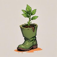 Green plant seedling growing in old boot planter with soil and leaves, artistic illustration style on neutral background. Upcycling garden concept.