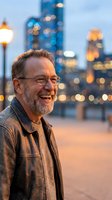 Happy mature Caucasian man with glasses and beard laughing outdoors in urban evening setting with blurred city lights and skyscrapers in background.