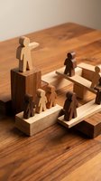 Wooden human figures on blocks representing leadership hierarchy and team organization concepts for business presentations and corporate training materials.