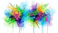Creative innovation concept with colorful watercolor splashes, lightbulb, gears and business icons on white background for brainstorming and startup projects.