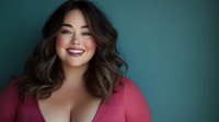 Young Asian woman with wavy brown hair and bright smile wearing pink sweater against dark green background, radiating confidence and joy in professional studio portrait.