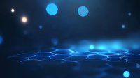 Digital network connections with glowing blue nodes and lines forming abstract technological landscape against dark background with bokeh light effects.