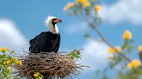 Andean condor perched in large nest surrounded by yellow wildflowers against blue sky with white clouds, majestic bird of prey in natural mountain habitat.