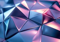 Abstract geometric background with metallic triangular shapes in blue and pink colors creating dynamic surface with light reflections and modern futuristic pattern.